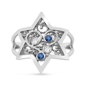 14K White Gold Jewish Star of David Diamonds & Sapphire Filigree Ring Judaica Gift